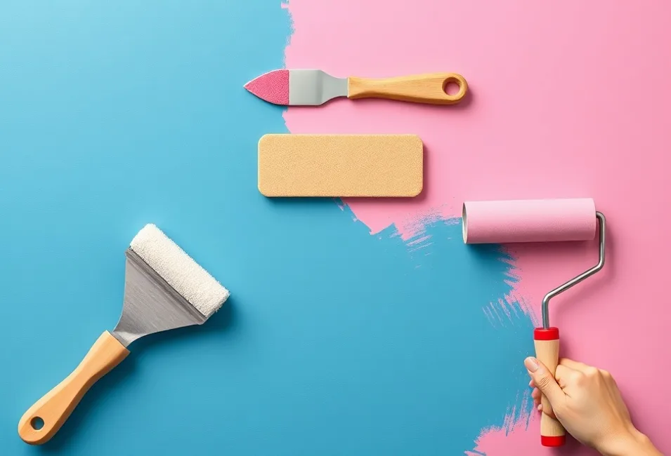 Outils de peinture disposés dans l'ordre des étapes du chantier