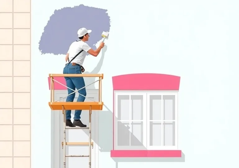 Peintre sur échafaudage traitant la façade d'une maison
