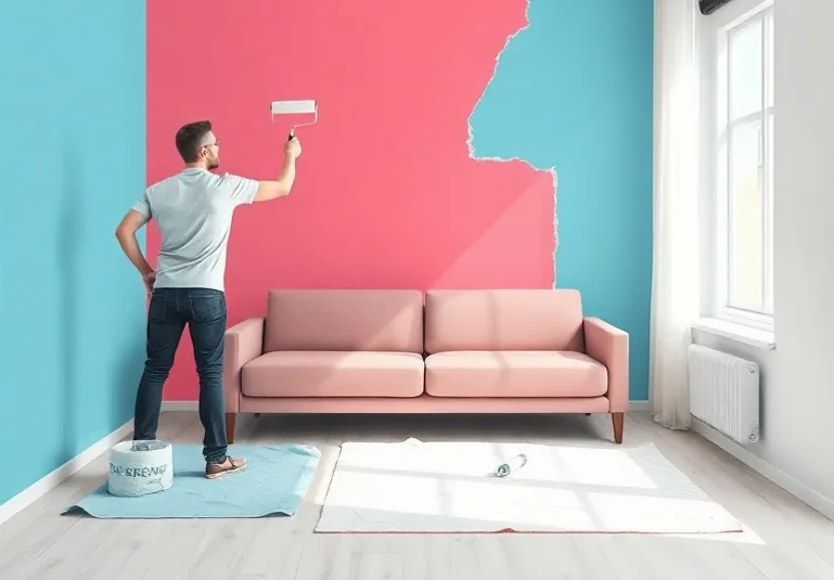Peintre appliquant la peinture au rouleau sur un mur de salon
